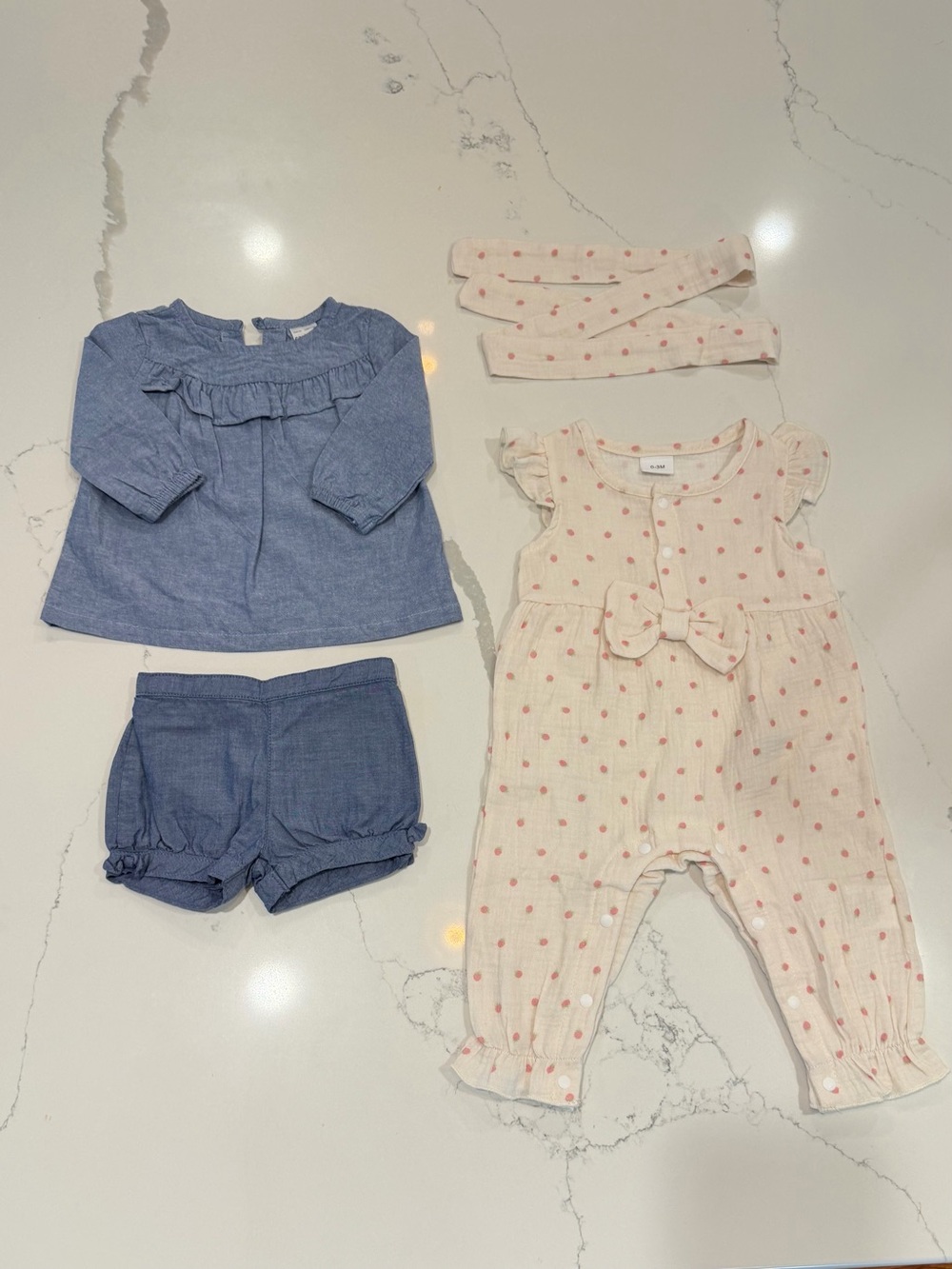 Strawberry Romper and Denim Long Sleeve Top with Shorts Set 0-3m